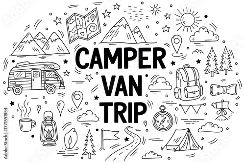 Camper van trip adventure doodle: mountains, camping gear, and travel icons