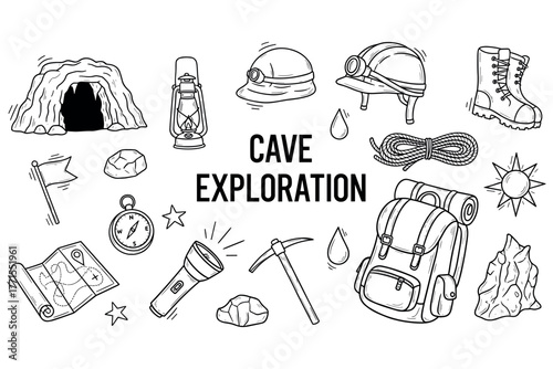 Cave exploration tools: helmets, lantern, backpack, and gear for safe adventure