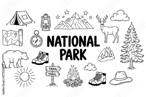 National park icons: mountains, wildlife, and hiking adventure elements in black and white