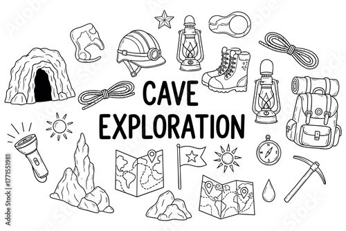 Cave exploration gear and activities: maps, helmets, lanterns, and tools