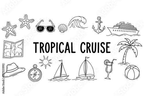 Tropical cruise adventure with ship, beach, and sea icons in black and white illustration