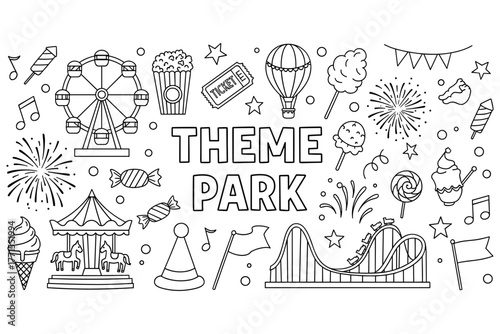 Black and white theme park outline with ferris wheel and roller coaster