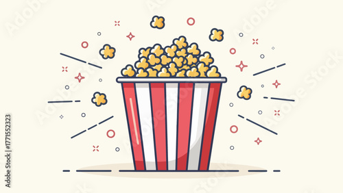 A striped red and white popcorn bucket with kernels flying around
