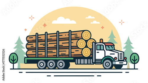 Logging truck carrying logs on a sunny day illustration