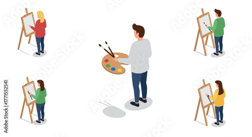 Creative artists painting on easels in a minimalist isometric style design