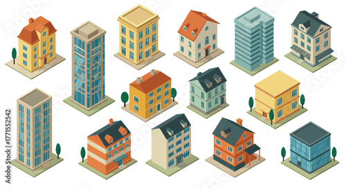 Isometric urban building collection: diverse architectural styles in vibrant colors
