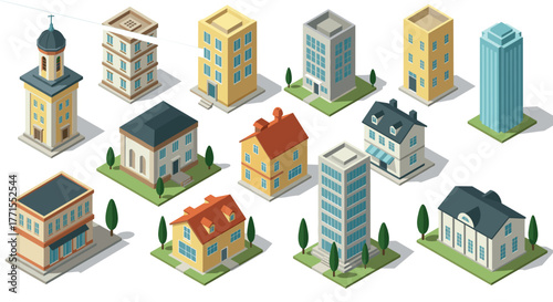 Collection of isometric urban buildings showcasing diverse architectural styles