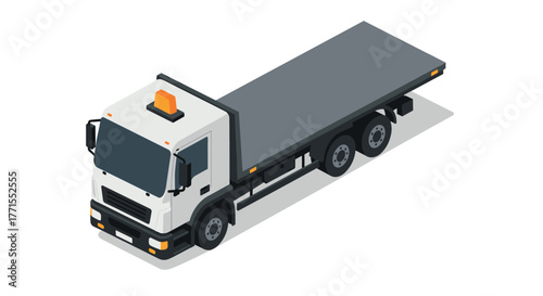 Isometric tow truck with flatbed and orange light on white background