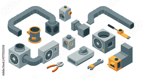 Isometric hvac system components set with tools and ductwork