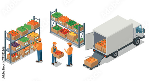 Isometric warehouse scene with workers loading fresh produce onto delivery truck