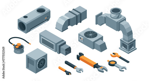 Isometric hvac system components with tools: modern air conditioning and ventilation design