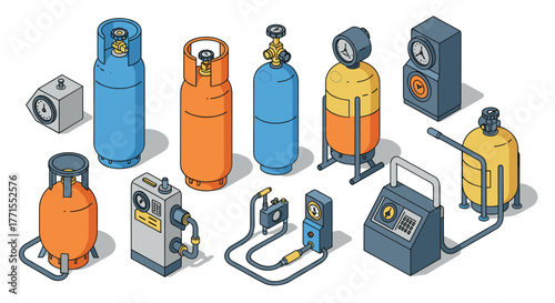 Isometric gas cylinder and equipment collection in modern style