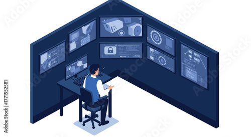 Cybersecurity expert in a high-tech control room monitoring multiple screens