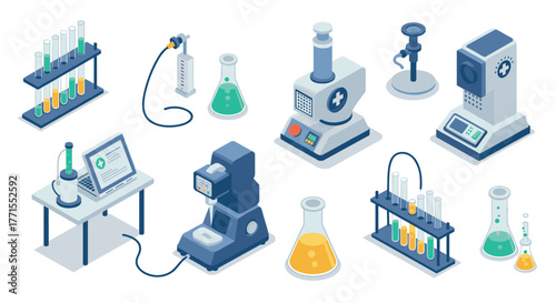Isometric laboratory equipment set featuring microscopes and chemical beakers