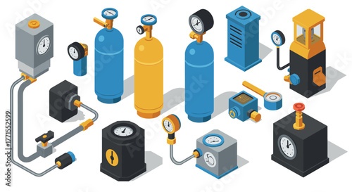 Isometric industrial pressure gauges and equipment set for manufacturing
