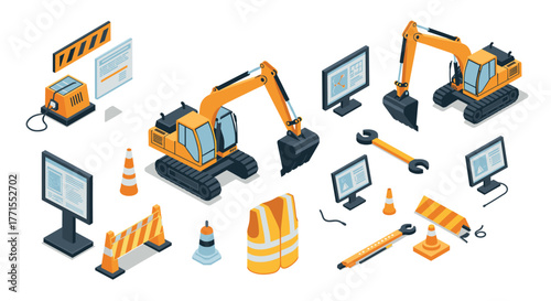Isometric construction machinery and safety equipment set with crane