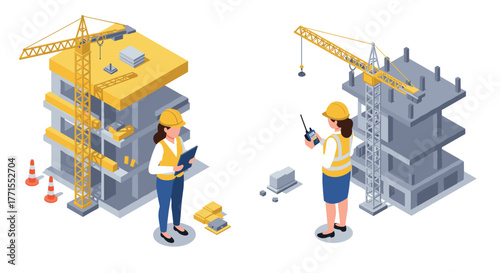 Construction site management in isometric style with female engineers and building cranes