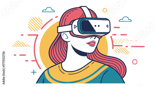 Woman wearing VR glasses in virtual reality illustration