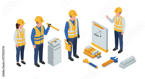 Isometric construction team and tools in safety gear