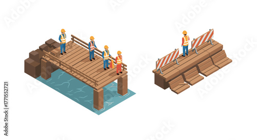 Isometric construction scene with workers on bridge and road repair