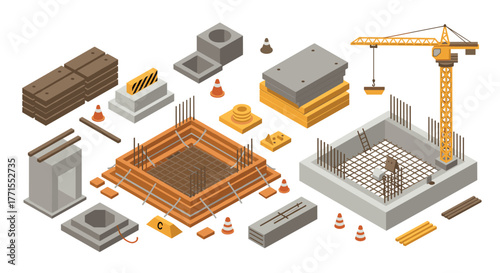 Isometric construction elements with crane and building materials
