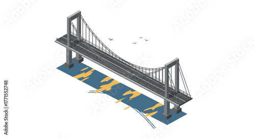 Isometric suspension bridge over river with birds in minimalistic design