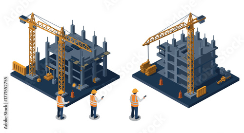 Isometric construction site with crane and workers monitoring progress