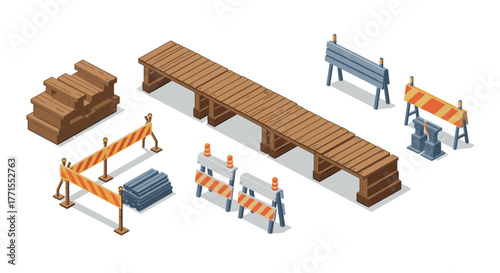Isometric construction tools and equipment set with wooden planks and barriers