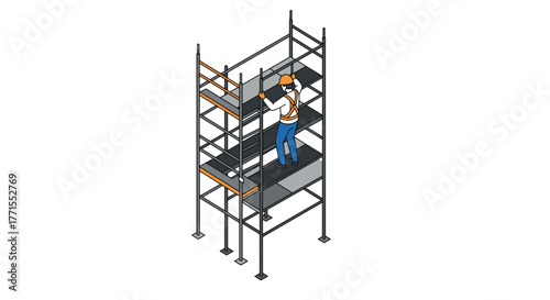 Construction worker assembling scaffolding in isometric style