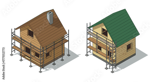 Isometric wooden house construction with scaffolding and green roof