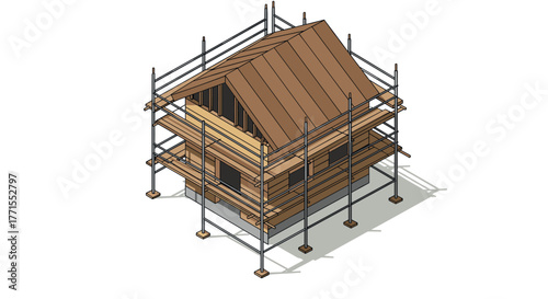 Timber house construction in isometric style with scaffolding