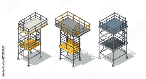 Isometric industrial platforms with railings and ladders in three variants