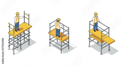 Construction workers on scaffolding in isometric style for safety training and industry resources