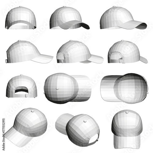 Polygonal baseball cap pack featuring various styles with curved and straight brims. The collection includes light to dark colors with some glossy finishes.