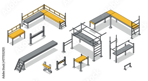 Isometric outdoor parkour gym equipment on white background