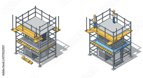 Isometric construction scaffold with workers in safety gear on building site