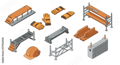 Isometric construction equipment set with safety gear and tools