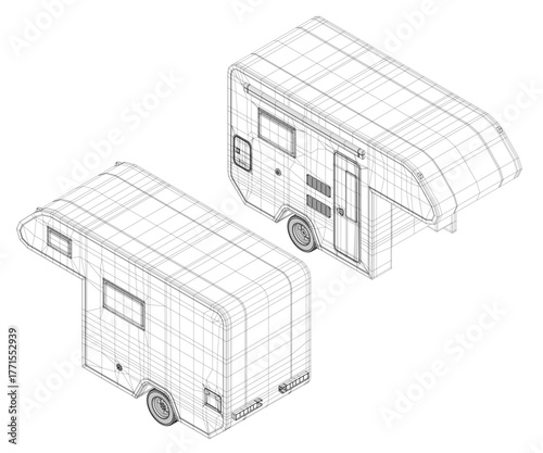 Camper trailer blueprint set in detailed wireframe 3D model, featuring windows, doors, and wheels on a clean white background. Isometric view
