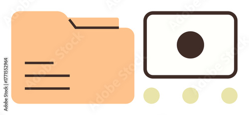 Folder icon next to a media player screen with control buttons. Ideal for data storage, file sharing, multimedia, organization, archive, digital assets, content management. Minimalistic flat metaphor