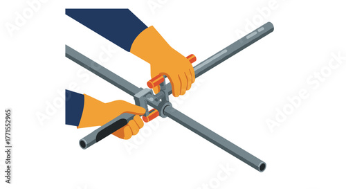 Cross wrench tool in action with orange gloves on white background
