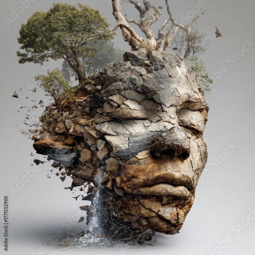 Surreal concept of a stone face sculpture integrated with nature elements like trees, rocks, and waterfall