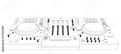 DJ controller in black and white contour drawing. Sleek design features two knobs, buttons, display screen, and USB connectivity for professional audio mixing.