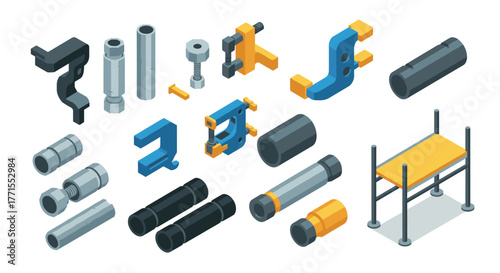 Industrial pipe and clamp components in isometric design for construction and engineering