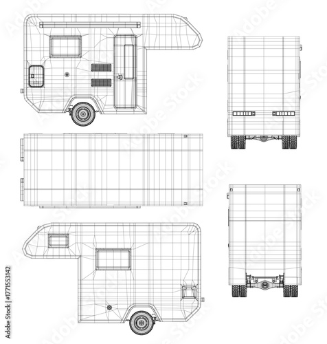 Camper trailer blueprint set with detailed wireframe design, wheels, windows, and other components clearly visible on a white background.