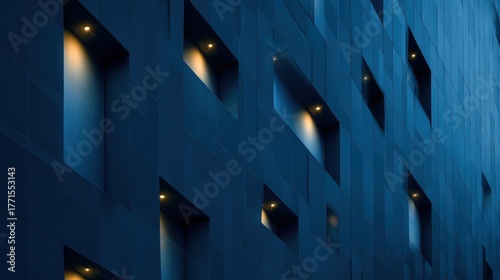 Mysterious Blue Building Facade with Glowing Recessed Lights at Night