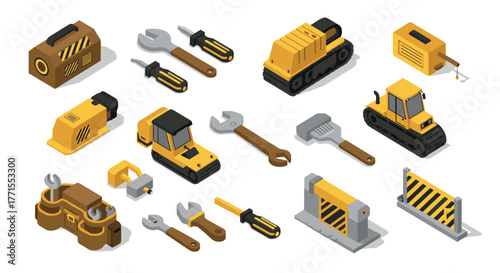 Isometric construction equipment set with tools and machinery in yellow and gray