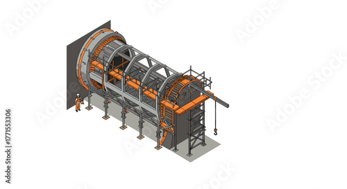 Isometric construction of tunnel boring machine with scaffolding and workers