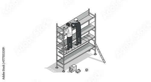 Isometric workers setting up metal scaffold in monochrome industrial scene