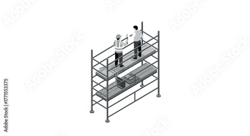 Isometric construction workers collaborating on scaffolding site