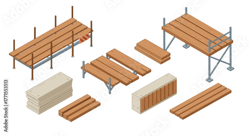 Isometric wooden construction elements with steel scaffold for building projects
